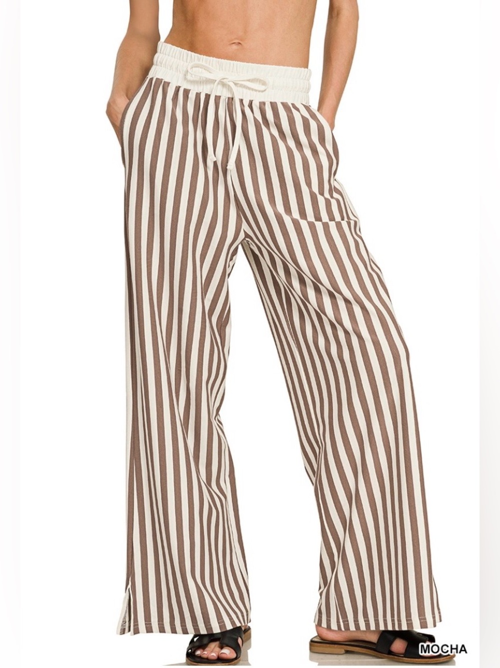 Zenana Outfitters Mocha & Cream Vertical Stripe Wide-Leg Pants